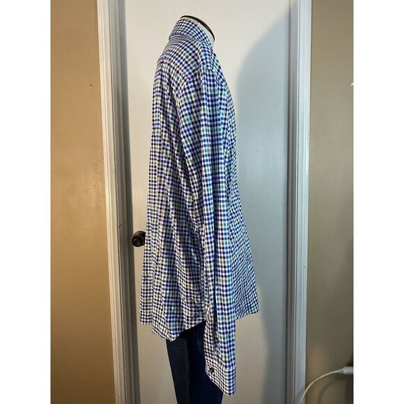 Butter Cloth Shirt Mens L Blue White Green Slim Plaid Button Long Sleeve Stretch - Picture 4 of 11